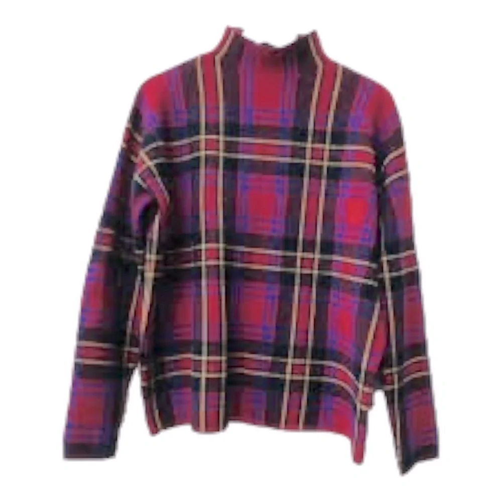Tahari Mock Turtleneck Sweater Plaid Knit Red Blue Gold Brown Size Large - Picture 2 of 6